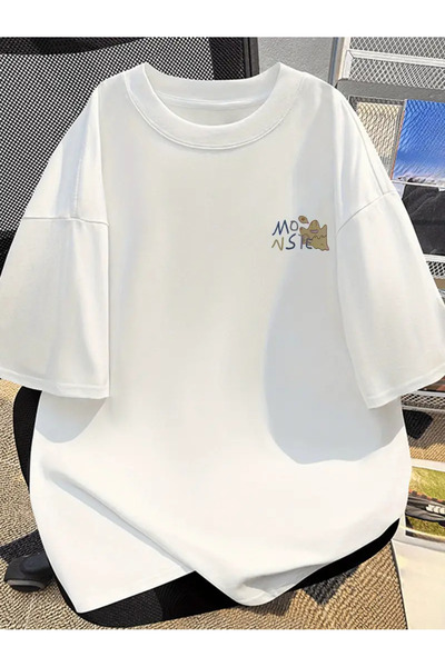 Frisson تي شيرت قطني بأكمام قصيرة مطبوع عليه وحش كارتوني