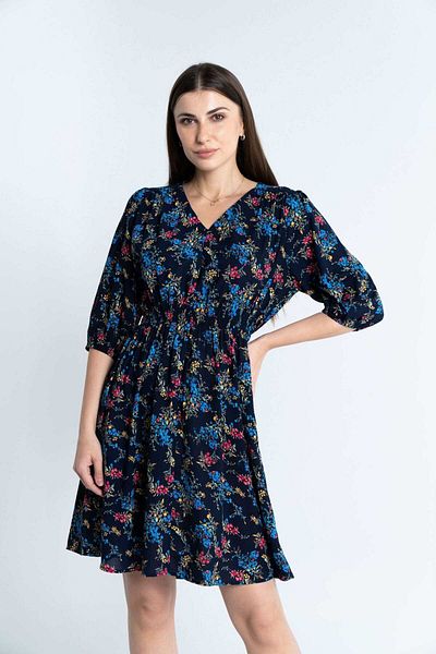 mica Floral Short Dress with 3/4 Sleeves and V-Neck for Women