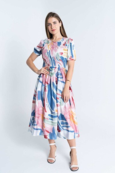 mica Colorful Fitted Midi Dress with Short Sleeves