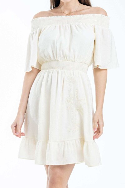 mica Short Waist-Defined Off-Shoulder Dress with Half Sleeves