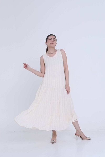 mica Striped Long Wide Midi Dress Without Sleeves