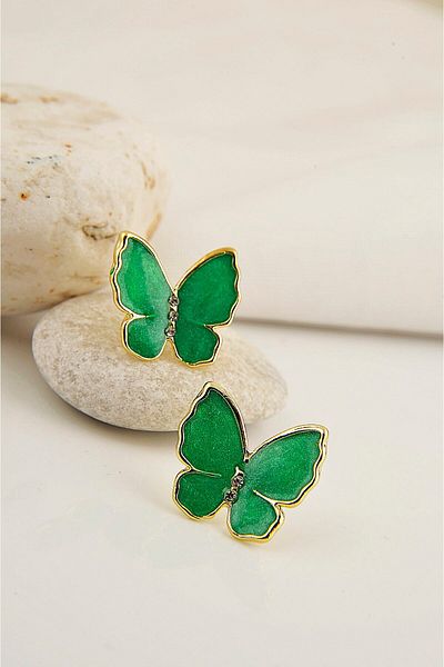EUROMODA Butterfly Design Pearlescent Enameled Shiny Stone Stud Earrings
