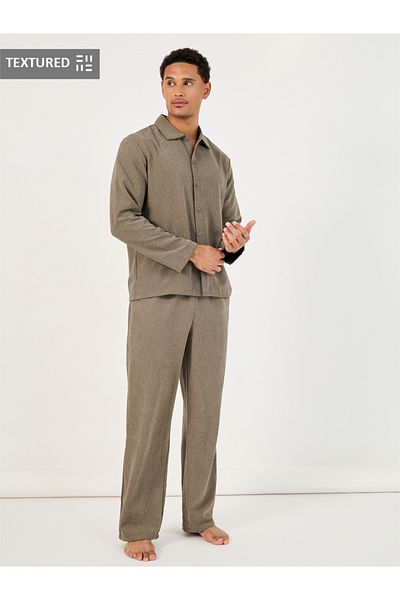 Styli Textured Woven Striped Long Sleeve Shirt & Pyjama Set