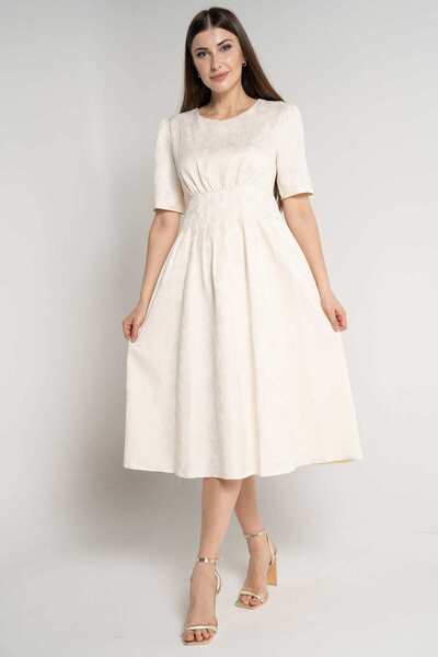 mica Plain Midi Dress with Short Sleeves and Waist Detail