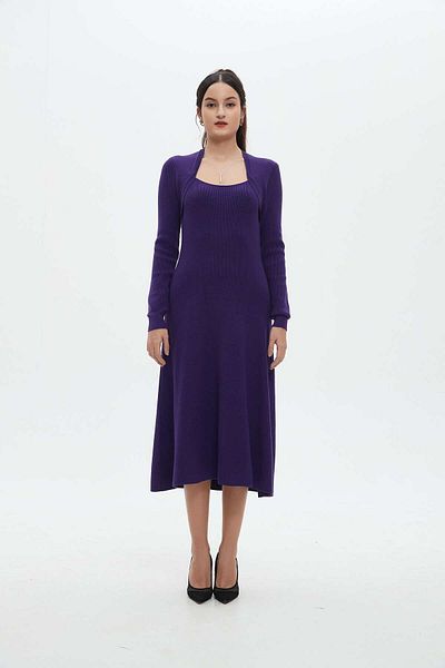 mica Square Neck Long Sleeve Solid Midi Dress for Women