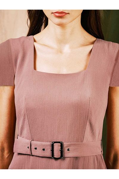 Mish By Styli Belted Square Neck Flared Midi Dress