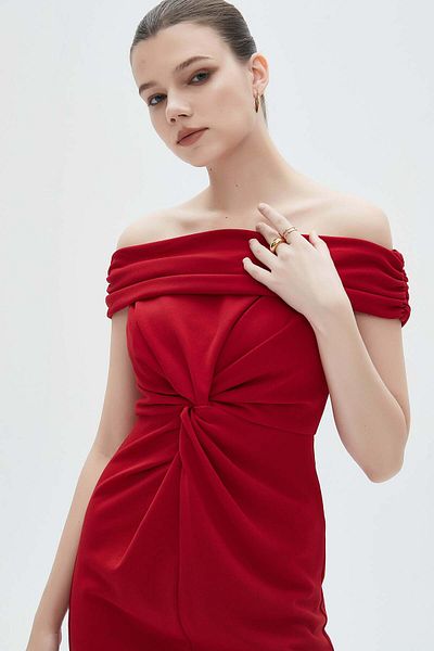 mica Plain Off-Shoulder Ruffled Midi Dress
