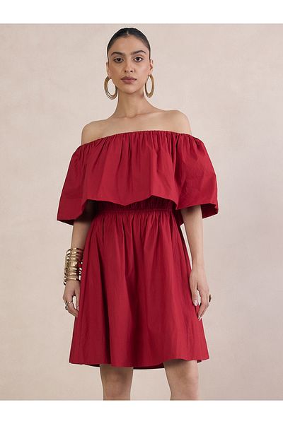 Styli Poplin Off Shoulder Neck A-Line Mini Dress