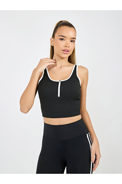 Styli Textured Contrast Trim Half Zip Up Longline Sports Bra