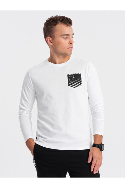 OMBRE Pánský dlouhý rukáv s kapesním potiskem Bílá V1 OM-LSPT-0118 XXL