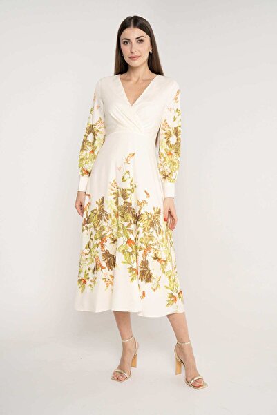 mica فستان ميدي برباط على الخصر بأكمام طويلة وفتحة رقبة على شكل حرف V