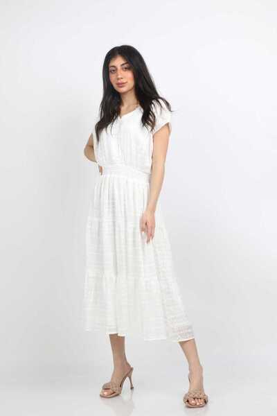 mica V-Neck Waist-Tied Midi Dress with Short Sleeves