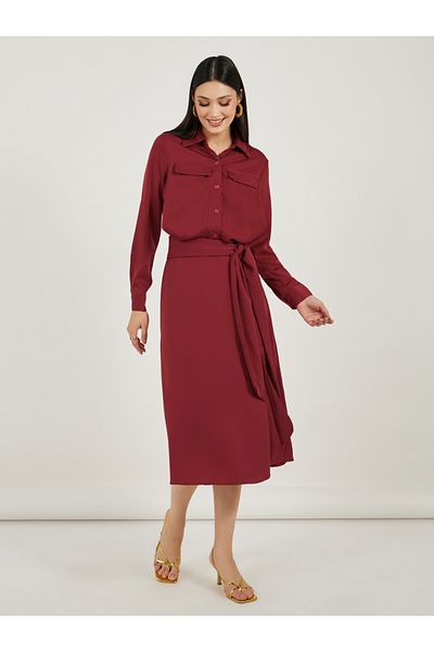 Styli Satin Shirt Midi Dress with Self Tie-Belt