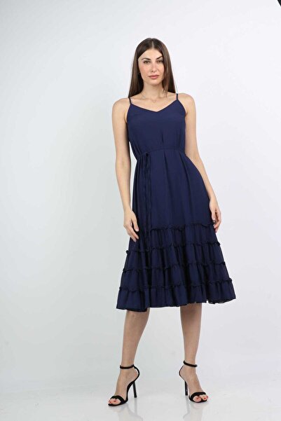 mica Pleated Midi Evening Dress with Thin Straps, Sleeveless