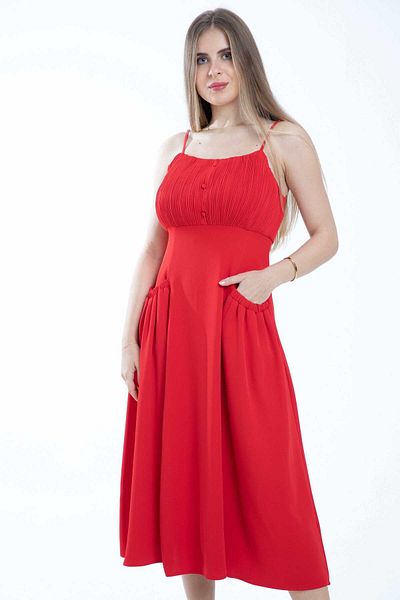 mica Sleeveless Ruched Midi Dress with Straps
