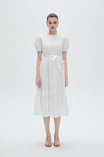 mica Solid Midi Dress with Half Sleeves and Waist Tie