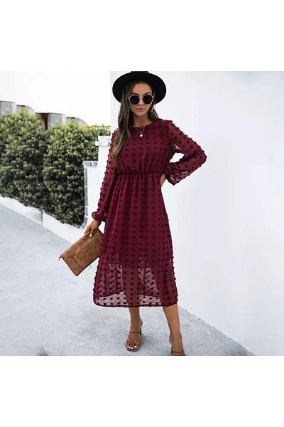 phelo Women's Long Sleeve Lining Detail Deal Product Pompom Chiffon Dress