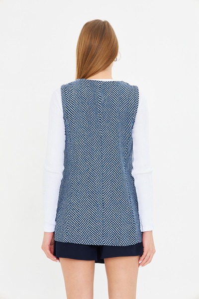 armonika Kadın Mavi V Yaka Tek Düğmeli Oversize Desenli Yelek ARM-25K001110