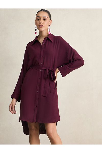 Styli Solid Shirt Midi Dress with High Low Hem