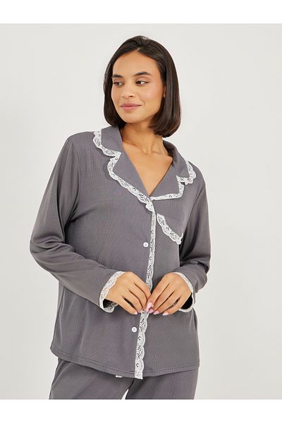 Styli Rib Lace Trim Pocket Shirt & Pyjama Set