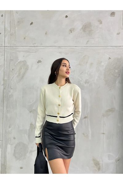 charm butik Γυναικεία ζακέτα με ριγέ χρυσό γιακά ποδηλάτου Crop πλεκτά