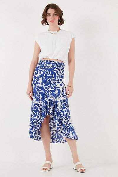Lela Regular Fit Patterned High Waist Flounce Midi Length Slit Skirt Skirt 5869013