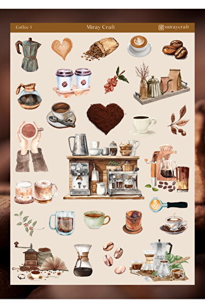 MirayDesign KAHVE TEMALI 12*17 CM STİCKER/DEFTER, AJANDA, PLANLAYICI, BULLET JOURNAL, SCRAPBOOK İÇİN