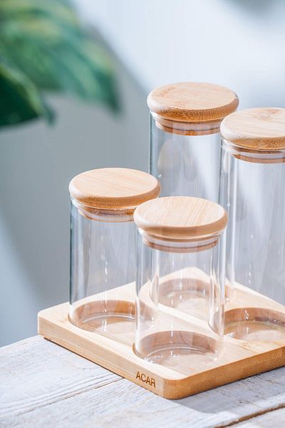 ACAR Malibu 4-Piece Glass Spice Rack Set with Bamboo Stand