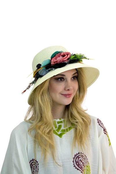 Bay Şapkacı Çiçekli Hasır Kadın Şapka 3868