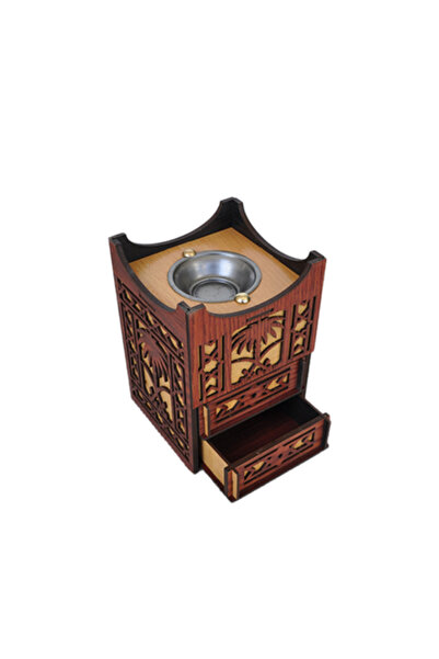 Wavy store Incense burner in the shape of two swords and a palm tree, brown wooden color, with storage drawers