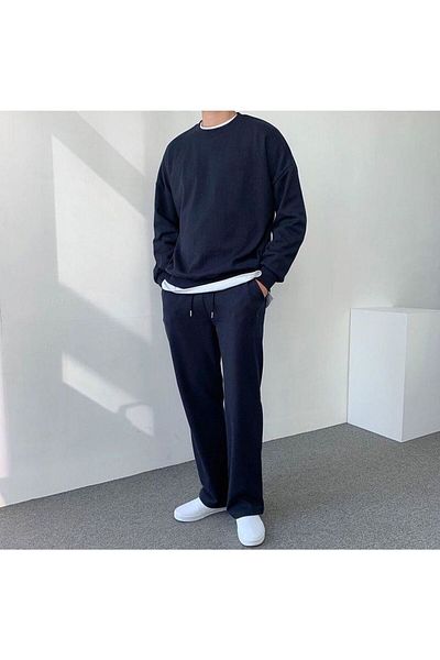 THE WHITE Men's Navy Blue Color Flat Leg Winter Sweatpants