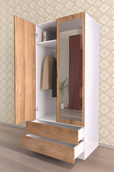 hediye kapında "Alelia" Aynalı Gardırop 5 Raflı Askılı 2 Çekmeceli Elbise Dolabı