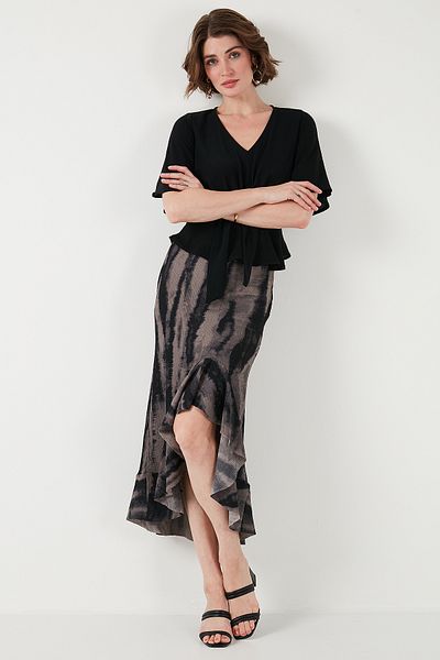 Lela Regular Fit Patterned High Waist Flounce Midi Length Slit Skirt Skirt 5869013