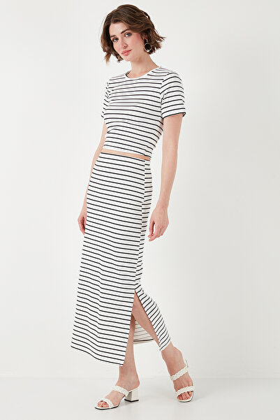 Lela Crew Neck Striped Slim Fit Midi Skirt Crop Suit - Suit 5866132