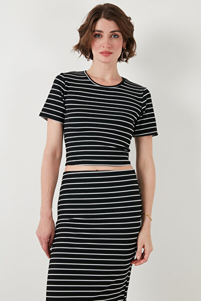 Lela Crew Neck Striped Slim Fit Midi Skirt Crop Suit - Suit 5866132