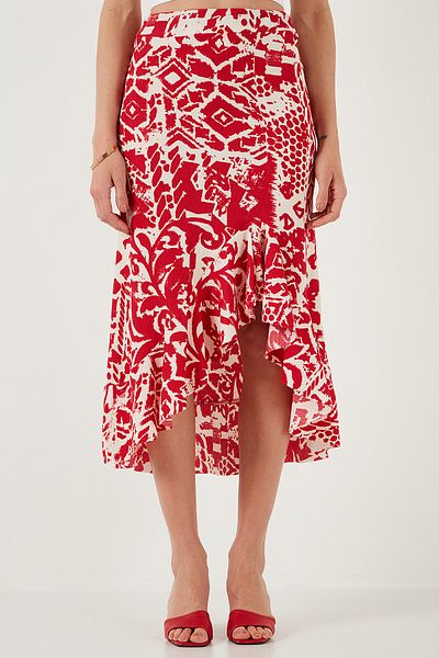 Lela Regular Fit Patterned High Waist Flounce Midi Length Slit Skirt Skirt 5869013