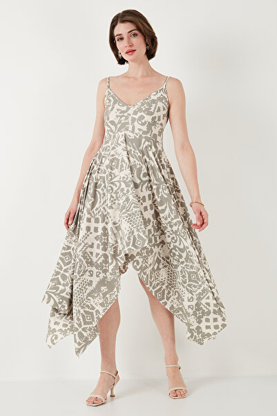 Lela Desenli Asimetrik Kesim Regular Fit Midi Boy Askılı Elbise ELBİSE 5866126