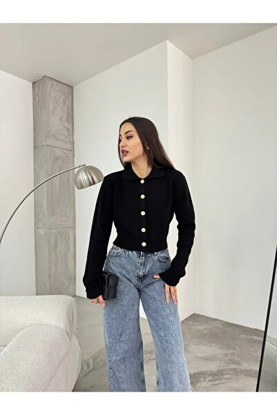 charm butik Cardigan de tricotaj crop cu guler de cămașă cu nasturi aurii pentru femei