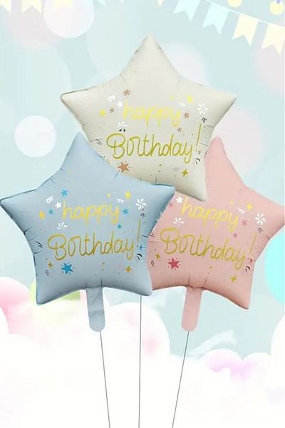 BeySüS Set of 3 Happy Birthday Star Foil Balloons Pink Cream Blue 18 Inch