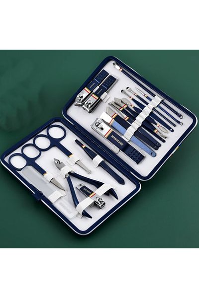 gaman 19 Pieces Navy Blue Stainless Steel Manicure Set - with Glass File, in Special Box
