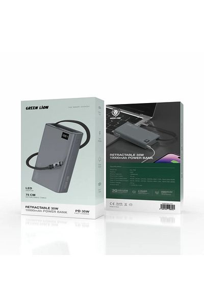 Green Lion Retractable Power Bank 35W 10000Mah - Grey
