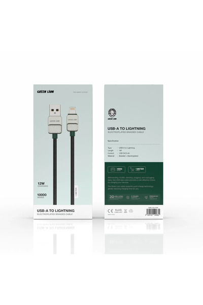 Green Lion كابل USB A إلى Lightning مضفر مطلي بالكهرباء بطول 1 متر وقوة 12 وات - أسود وأخضر