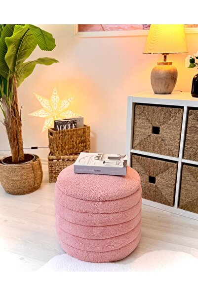WEBPANYA Geniş Oturum Alanlı Handmade Teddy Kumaş Sandıklı Silindir Dekoratif Puf Orta Sehpa