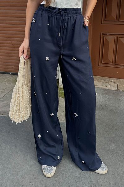 XHAN Navy Blue Stoned Palazzo Trousers 6Yxk5-49086-14