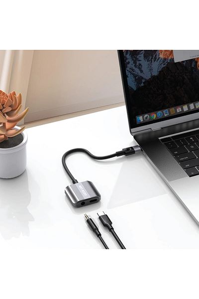 Green Lion 2 In 1 Splitter Adapter Type-C To Aux & Type-C - Gray