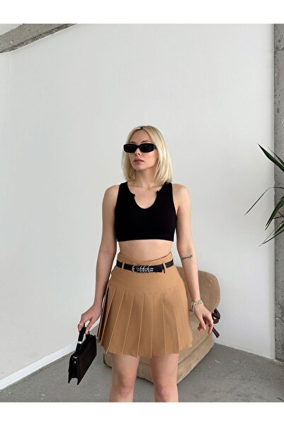 Jeevee Crepe Fabric Printed Belt Pleated Shorts Skirt