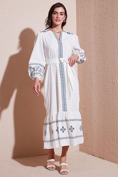 Lela Βαμβακερό κανονικό φόρεμα με μανίκια με κεντητό μακρύ φόρεμα 676202