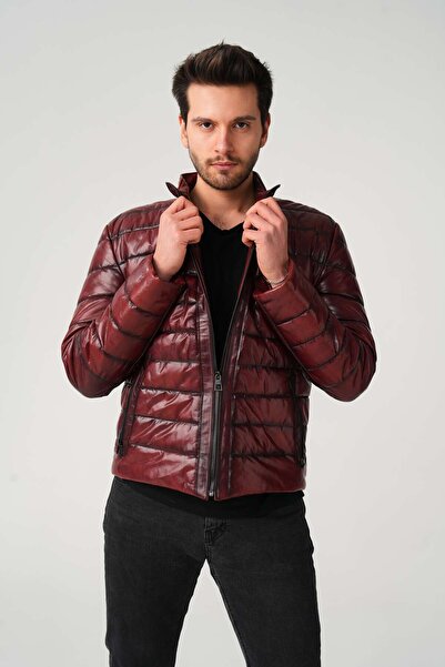 AS KÜRK DERİ Erkek Bordo Hakiki Deri Şişme Mont