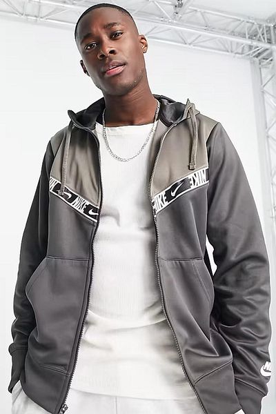 Nike Мъжки суитшърт с качулка и цип, бежово-сив, с повтаряща се графика Sportswear