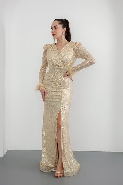 Lafaba Gold Sequined Double Breasted Collar Long Women's Evening Dress